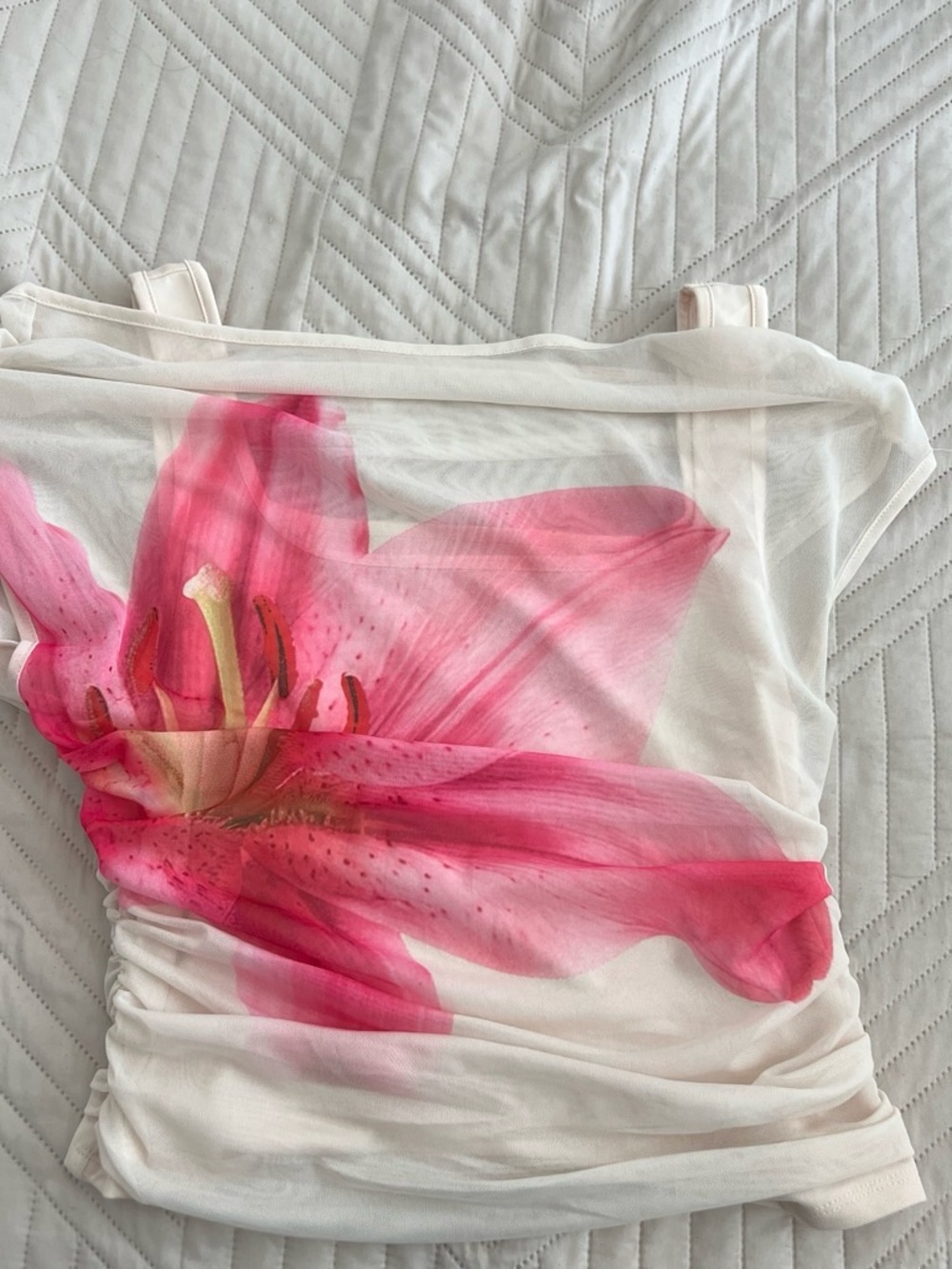 Sheer White Tank Top with Pink Floral Print